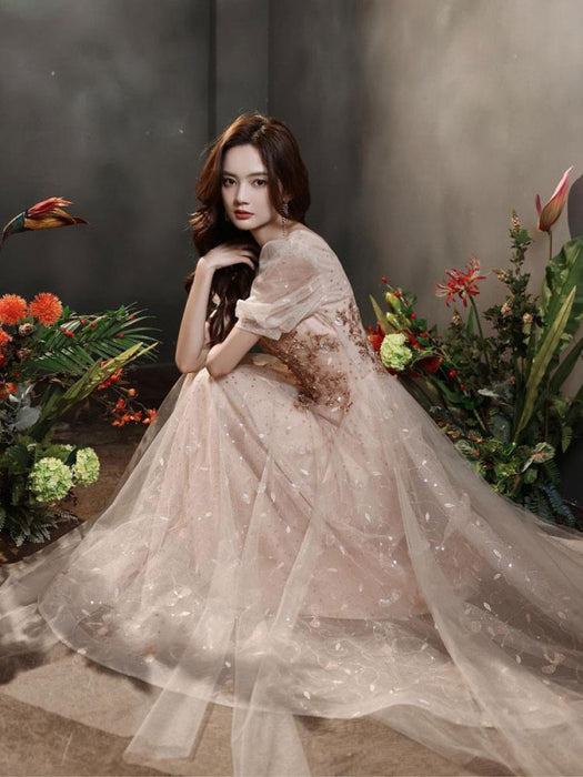 Apricot Evening Dress A-Line Jewel Neck Half Sleeves Lace-up Applique Floor-Length Lace Formal Dinner Dresses