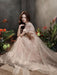 Apricot Evening Dress A-Line Jewel Neck Half Sleeves Lace-up Applique Floor-Length Lace Formal Dinner Dresses
