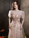 Apricot Evening Dress A-Line Jewel Neck Half Sleeves Lace-up Applique Floor-Length Lace Formal Dinner Dresses