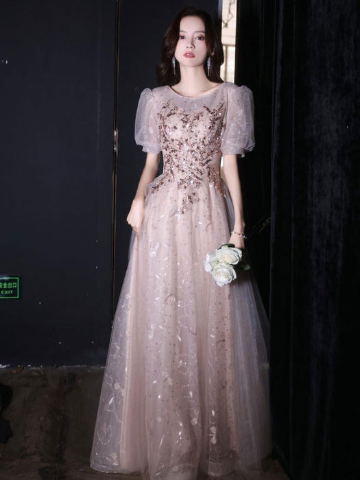 Apricot Evening Dress A-Line Jewel Neck Half Sleeves Lace-up Applique Floor-Length Lace Formal Dinner Dresses