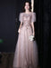 Apricot Evening Dress A-Line Jewel Neck Half Sleeves Lace-up Applique Floor-Length Lace Formal Dinner Dresses