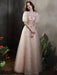 Apricot Evening Dress A-Line Jewel Neck Half Sleeves Lace-up Applique Floor-Length Lace Formal Dinner Dresses