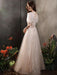 Apricot Evening Dress A-Line Jewel Neck Half Sleeves Lace-up Applique Floor-Length Lace Formal Dinner Dresses