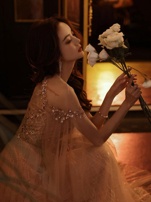 Apricot Evening Dress A-Line Jewel Neck Lace 3/4-Length Sleeves Applique Floor Length Formal Party Dresses