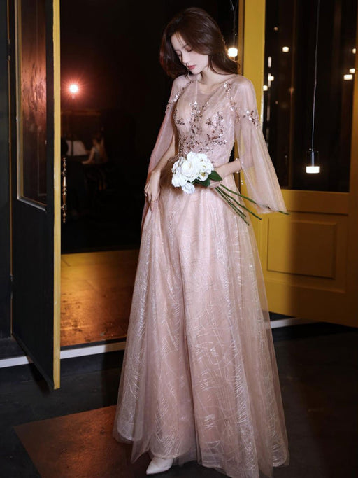 Apricot Evening Dress A-Line Jewel Neck Lace 3/4-Length Sleeves Appliq Bridelily Apricot Evening Dress A-Line Jewel Neck Lace 3/4-Length Sleeves Appliq Bridelily