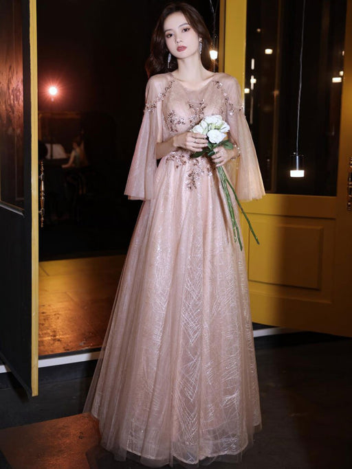 Apricot Evening Dress A-Line Jewel Neck Lace 3/4-Length Sleeves Appliq Bridelily Apricot Evening Dress A-Line Jewel Neck Lace 3/4-Length Sleeves Appliq Bridelily