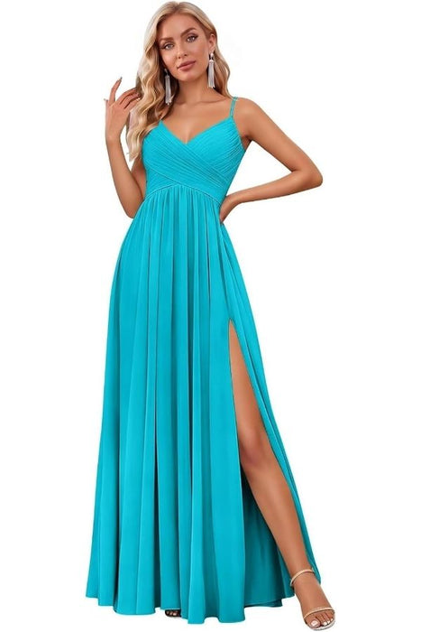 Spaghetti Strap V-Neck Chiffon Bridesmaid Dress with Slit