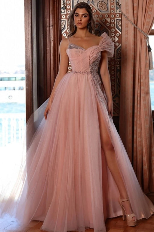 Asymmetric Aline Evening Dress Tulle Front Split Prom Dress Long with Beadings