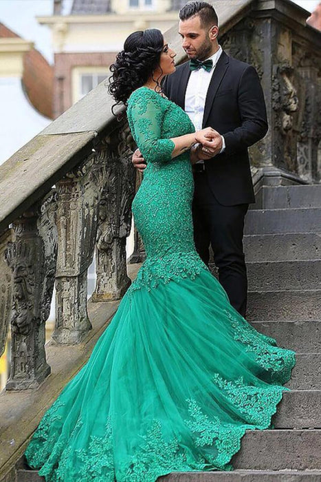 Attractive Amazing Modest Green Mermaid V-neck Tulle Applique 3/4 Sleeves Long Plus Size Prom Dresses - Prom Dresses