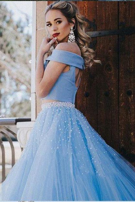 Attractive Excellent Two Piece A-line Off the Shoulder Open Back Light Blue Long Prom Dress with Beads - Prom Dresses