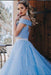 Attractive Excellent Two Piece A-line Off the Shoulder Open Back Light Blue Long Prom Dress with Beads - Prom Dresses