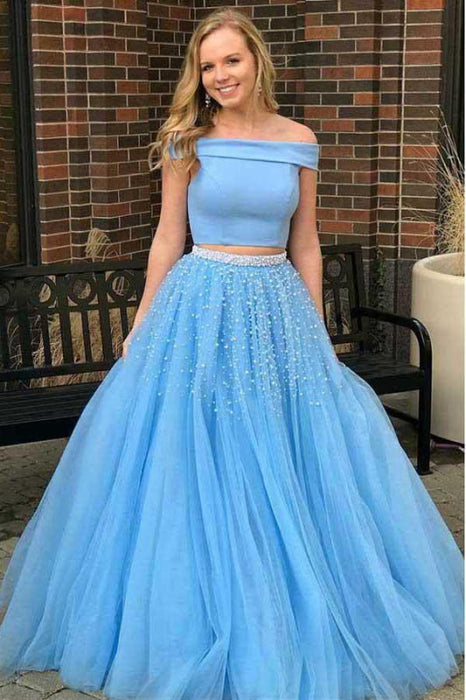 Attractive Excellent Two Piece A-line Off the Shoulder Open Back Light Blue Long Prom Dress with Beads - Prom Dresses