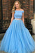 Attractive Excellent Two Piece A-line Off the Shoulder Open Back Light Blue Long Prom Dress with Beads - Prom Dresses