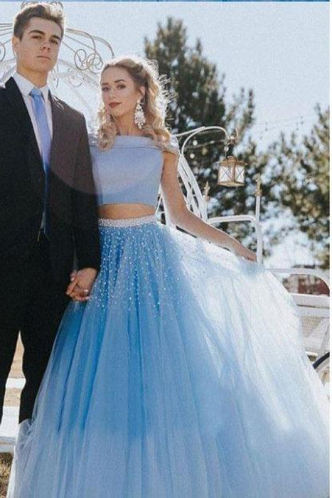 Attractive Excellent Two Piece A-line Off the Shoulder Open Back Light Blue Long Prom Dress with Beads - Prom Dresses