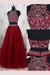 Attractive Modest A-Line Sleeveless Burgundy Jewel Tulle Beading Floor-Length Two Piece Dresses - Prom Dresses