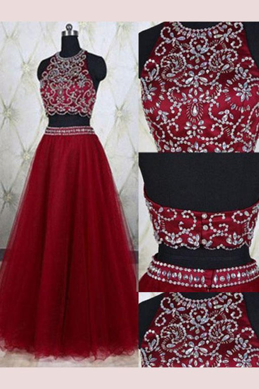 Attractive Modest A-Line Sleeveless Burgundy Jewel Tulle Beading Floor-Length Two Piece Dresses - Prom Dresses