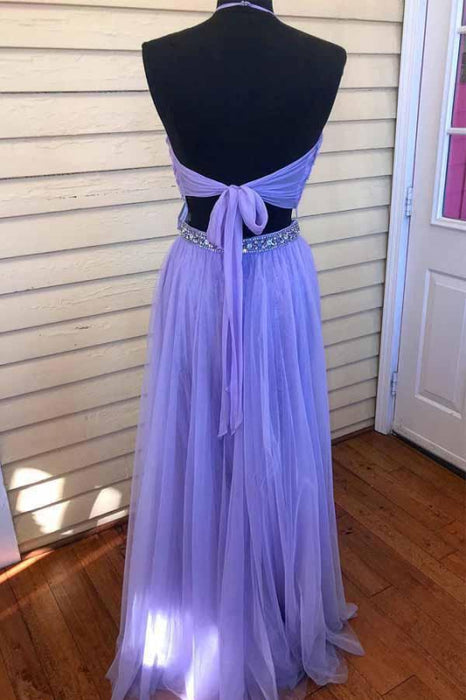 Attractive Modest Two Piece Halter Lavender Prom With Beading Floor Length Tulle Evening Dress - Prom Dresses