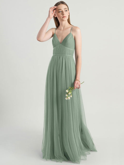 Avocado Green Evening Dress Sleeveless A-Line V-Neck Matte Satin Floor-Length Pleated Social Party Dresses