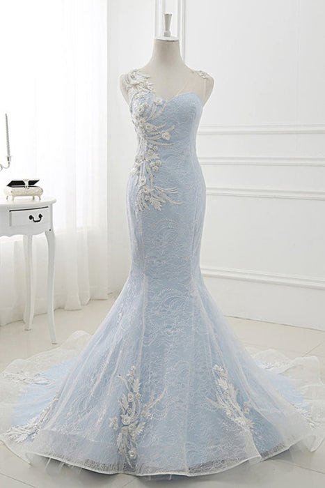 Awesome Fascinating Modest Baby Blue Sweep Train Lace Mermaid Evening Dresses Formal Dress With Applique - Prom Dresses