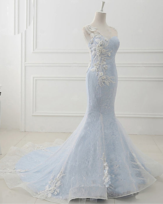 Awesome Fascinating Modest Baby Blue Sweep Train Lace Mermaid Evening Dresses Formal Dress With Applique - Prom Dresses