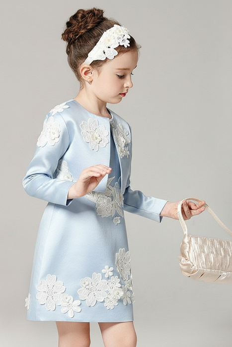 Baby Blue Flower Girl Dress Outfit A Line Flower Applique Beaded Knee Length Pageant Dress With Jacket