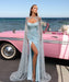 Baby Blue Charmeuse Prom Dress Sleeveless Strapless with High Slit