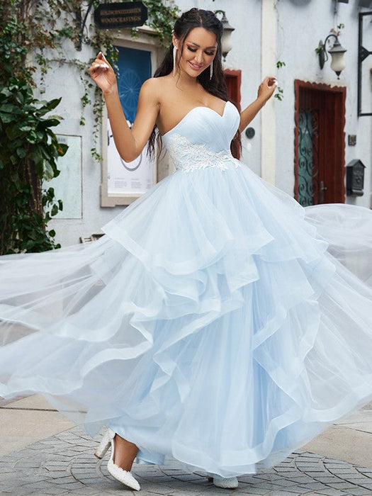 Baby Blue Long Tulle Prom Dress with Applique