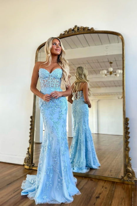 Prom Dress: Baby Blue Ball Gown adorned with Mermaid Appliques