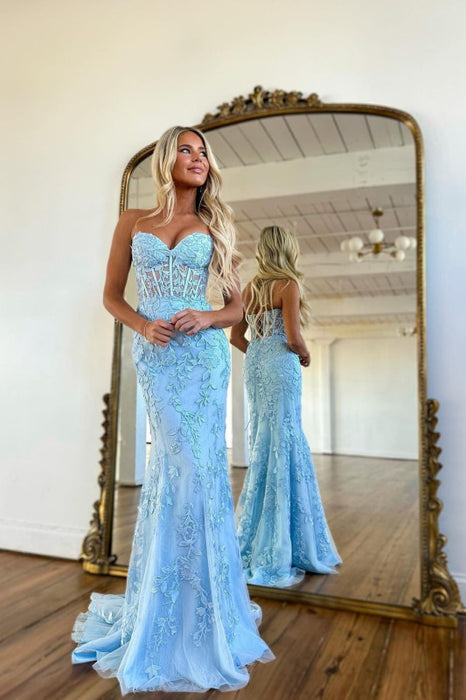 Baby Blue Mermaid Prom Dress with Appliques-Bridelily