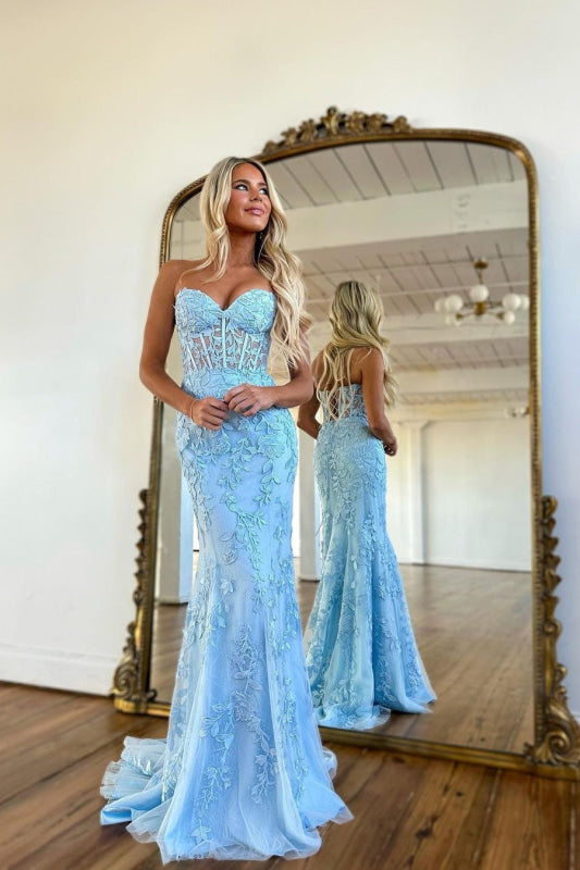 fitted lace wedding dress Ivory Sequins Lace Sky Blue Tulle Mermaid Prom Dress Formal Dress Backless Prom Gown ARD2923