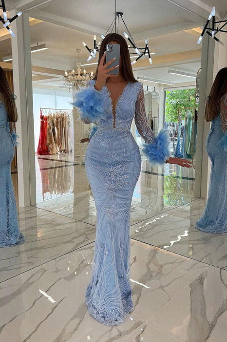 Baby Blue Prom Dress V-Neck Sequins with Feather Appliques