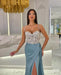 Baby Blue Prom Dress with High Slit, Spaghetti Strap Sweetheart Appliques