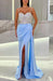 Baby Blue Prom Dress with High Slit, Spaghetti Strap Sweetheart Appliques