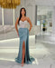 Baby Blue Prom Dress with High Slit, Spaghetti Strap Sweetheart Appliques