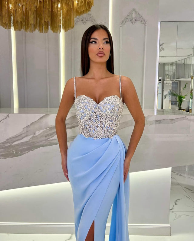 Stunning Spaghetti Straps Sweetheart Neck Chiffon Dresses Blue