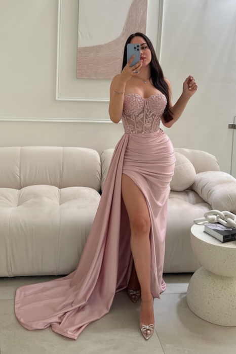 Dusty Pink Sleeveless Prom Dress Long Lace Beaded Split Satin Evening Dress