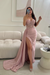 Dusty Pink Sleeveless Prom Dress Long Lace Beaded Split Satin Evening Dress