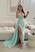 Mint Sleeveless Prom Dress Long Lace Beaded Split Satin Evening Dress