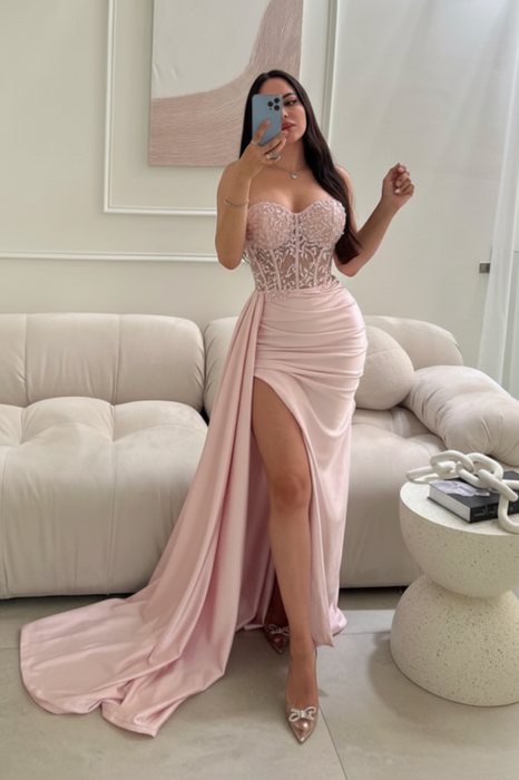 Pearl Pink Sleeveless Prom Dress Long Lace Beaded Split Satin Evening Dress