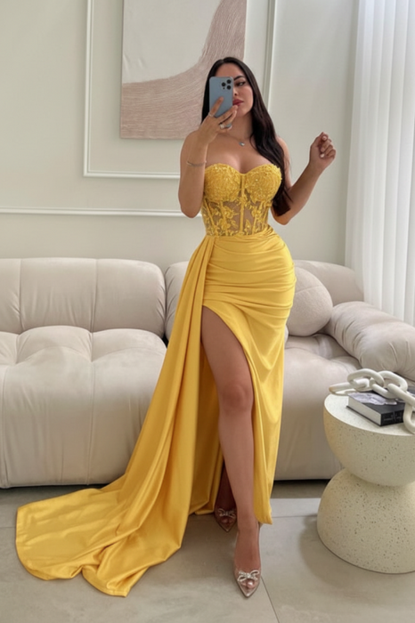 Yellow Sleeveless Prom Dress Long Lace Beaded Split Satin Evening Dress