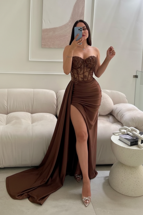 Brown Sleeveless Prom Dress Long Lace Beaded Split Satin Evening Dress