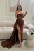 Brown Sleeveless Prom Dress Long Lace Beaded Split Satin Evening Dress