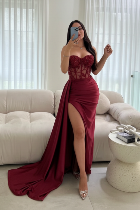 Burgundy Sleeveless Prom Dress Long Lace Beaded Split Satin Evening Dress