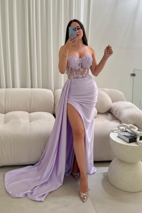 Lavender Sleeveless Prom Dress Long Lace Beaded Split Satin Evening Dress