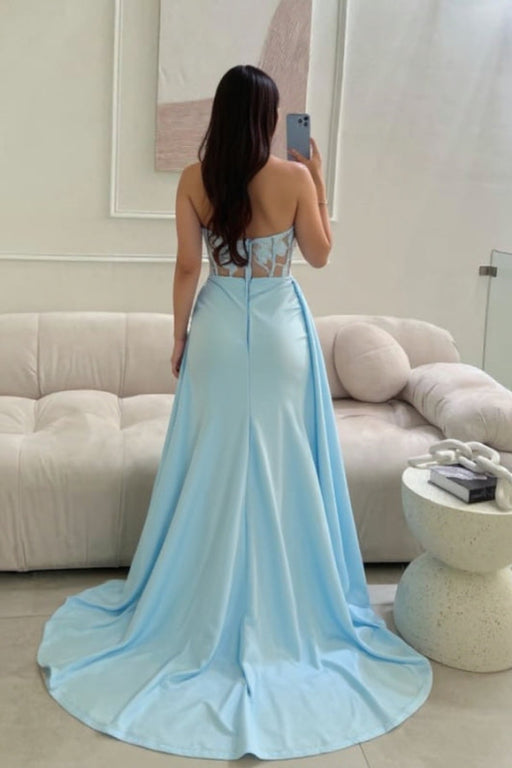 Baby Blue Sleeveless Prom Dress Long Lace Beaded Split Satin Evening Dress