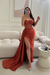 Rust Sleeveless Prom Dress Long Lace Beaded Split Satin Evening Dress