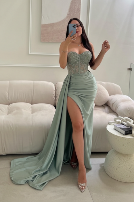 Dusty Sage Sleeveless Prom Dress Long Lace Beaded Split Satin Evening Dress