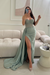 Dusty Sage Sleeveless Prom Dress Long Lace Beaded Split Satin Evening Dress