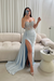 Silver Sleeveless Prom Dress Long Lace Beaded Split Satin Evening Dress