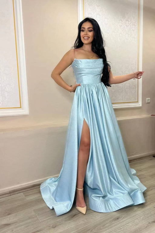 Baby Blue Spaghetti Straps Charmeuse Prom Dress A Line Split